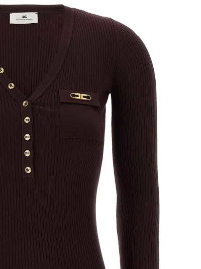 Elisabetta Franchi Fitted Ribbed Knit Top With Decorative Buttons And Gold Accent In Burgundy