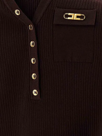Elisabetta Franchi Fitted Ribbed Knit Top With Decorative Buttons And Gold Accent In Burgundy