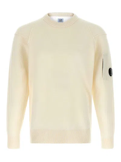 C.p. Company Men White Crewneck Sweater With Logo Plaque On The Sleeve In Wool Blend Man In Neutral