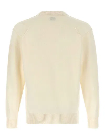 C.p. Company Men White Crewneck Sweater With Logo Plaque On The Sleeve In Wool Blend Man In Neutral