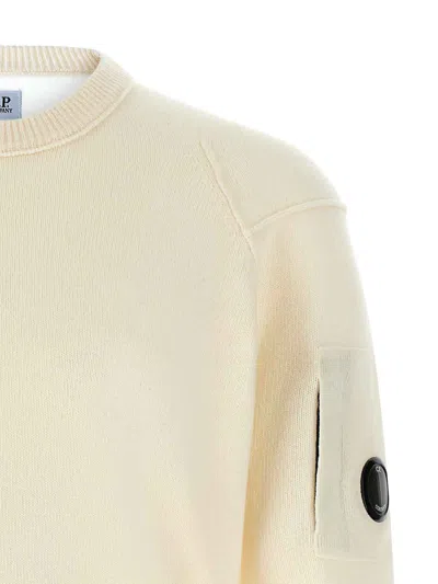 C.p. Company Men White Crewneck Sweater With Logo Plaque On The Sleeve In Wool Blend Man In Neutral