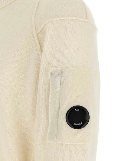 C.p. Company Men White Crewneck Sweater With Logo Plaque On The Sleeve In Wool Blend Man In Neutral