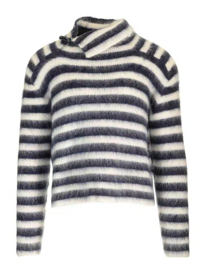 Jacquemus Two-tone Striped Mohair Blend Marina Sweater With Frog Closu In Black