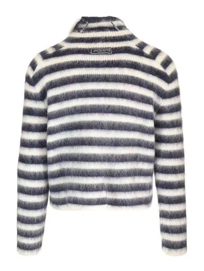 Jacquemus Two-tone Striped Mohair Blend Marina Sweater With Frog Closu In Black