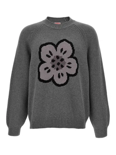 Kenzo Men Crew Neck Sweater In Cotton And Wool In Gray