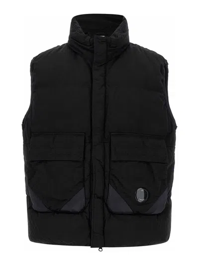 C.p. Company Black Vest With Mock Drawstring Neck And Logo Plaque On The Front In Black