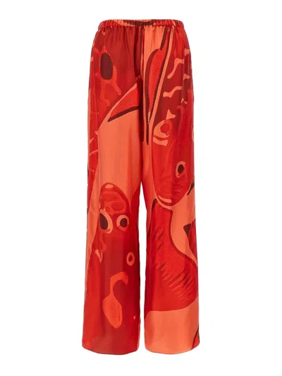 Ferragamo Printed Silk Palazzo Trousers With Elastic Waistband In Red