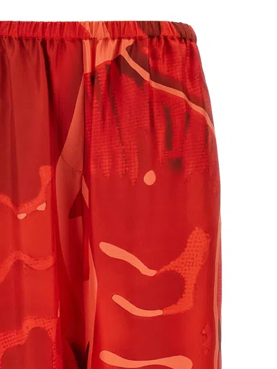 Ferragamo Printed Silk Palazzo Trousers With Elastic Waistband In Red