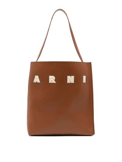 Marni Medium Museo Hobo Leather Tote Bag In Brown
