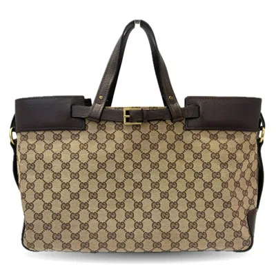 Pre-owned Gucci Gg Canvas Beige Brown Gg Canvas Leather Tote Bag ()