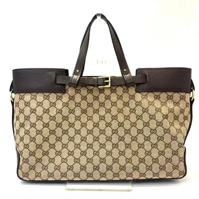 Pre-owned Gucci Gg Canvas Beige Brown Gg Canvas Leather Tote Bag ()