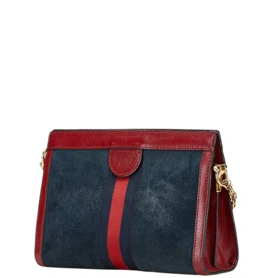 Pre-owned Gucci Navy Red Color Leather Suede Shoulder Bag ()