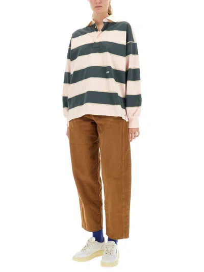 Autry Striped Long Sleeve Top With Ribbed Collar And Cuffs In Blue
