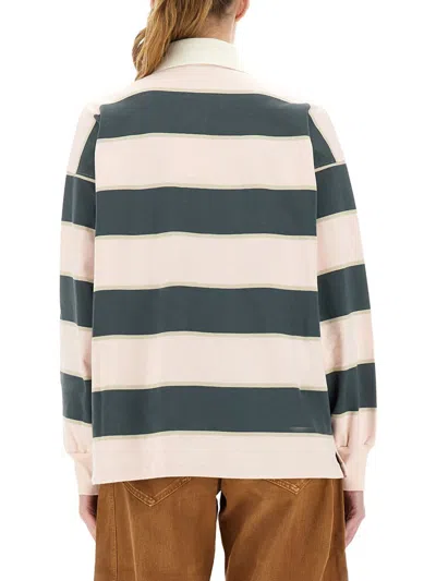 Autry Striped Long Sleeve Top With Ribbed Collar And Cuffs In Blue