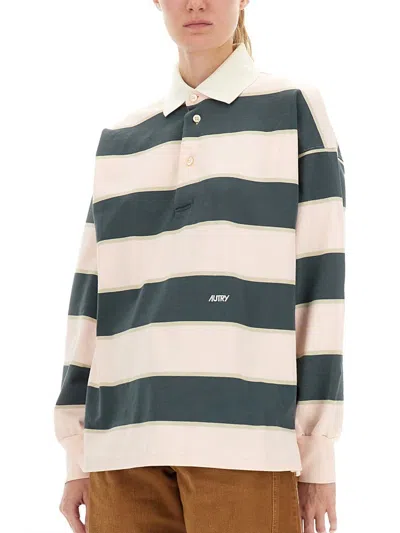 Autry Striped Long Sleeve Top With Ribbed Collar And Cuffs In Blue