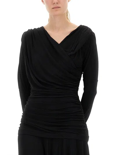 Ganni Interlock Jersey Crossover Ruched Long Dress Dresses Black In Black