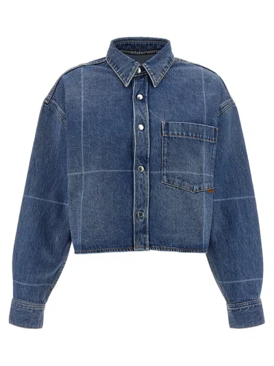 Alexander Wang Cropped Heavy Cotton Denim Shirt With Geometric Fading In Blue