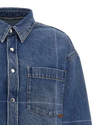Alexander Wang Cropped Heavy Cotton Denim Shirt With Geometric Fading In Blue