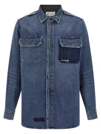Maison Margiela Used-effect Cotton Denim Shirt With Unique Badges In Blue
