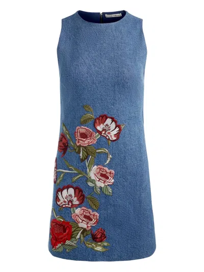 Alice And Olivia Cade Embroidered Sleeveless Denim Mini Shift Dress In Blue