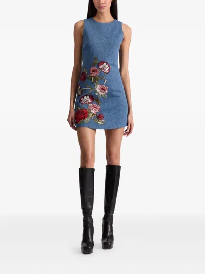 Alice And Olivia Cade Embroidered Sleeveless Denim Mini Shift Dress In Blue