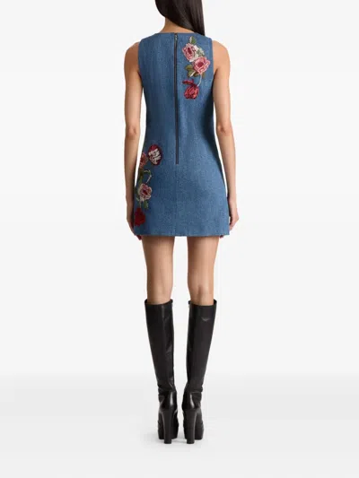 Alice And Olivia Cade Embroidered Sleeveless Denim Mini Shift Dress In Blue