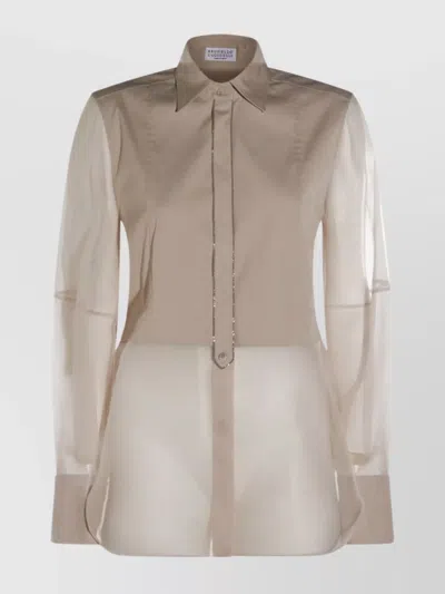 Brunello Cucinelli Longline Sheer Top Pointed Collar In Gray