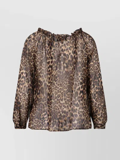 Nili Lotan Long Sleeve Animal Print Top With Ruffles In Multi