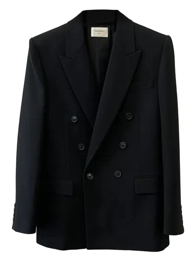 Saint Laurent Cassandre Double-breasted Wool Gabardine Blazer In Blue