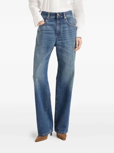Brunello Cucinelli Blue Jeans With Logo Patch On The Rear And Monil Detail On The Loop In Denim Woman In Blue