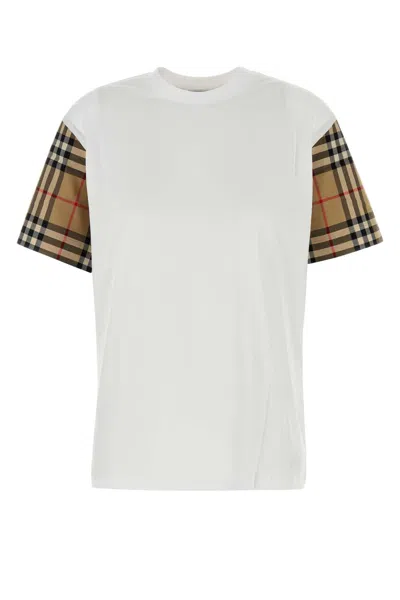 Burberry Women White T-shirt With Vintage Check Motif On The Sleeves In Cotton Woman