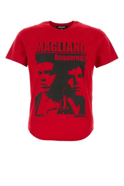 Dsquared2 D2 X Magliano Red Crewneck T-shirt With Maxi Print On The Front In Cotton Man In Red