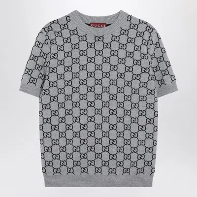 Gucci Grey Reversible Crewneck Sweater With Ribbed Trims In Gg Wool Jacquard Woman In Gray