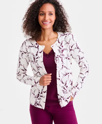 Style & Co Women's Printed Crewneck Button-front Cardigan, Macy's Exclusive In White