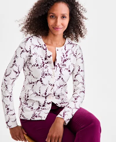 Style & Co Women's Printed Crewneck Button-front Cardigan, Macy's Exclusive In White
