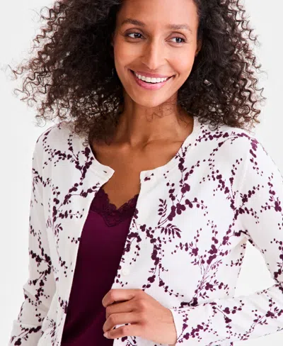 Style & Co Women's Printed Crewneck Button-front Cardigan, Macy's Exclusive In White