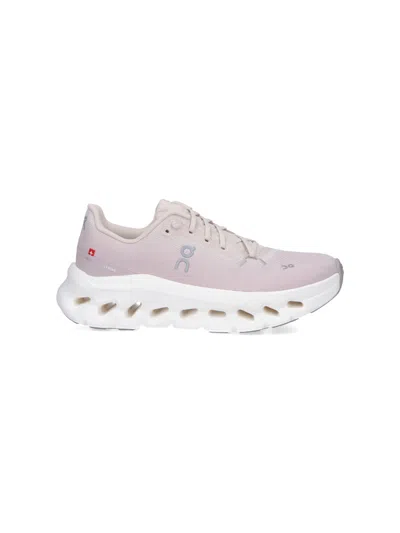 On Soft Pink Fabric Sneakers With Ctrasting Embroidered Logos In Purple