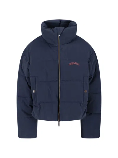 Dsquared2 High Collar Navy Puffer Jacket With Contrast Logo And Multicolor Heritage Lining In Blue