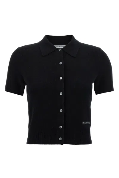 Alexander Wang T Cropped Wool Cardigan With Polo Collar In Black