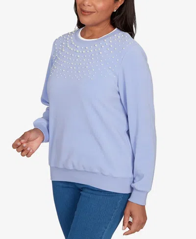 Alfred Dunner Women's Classic Embellished Crew Neck Anti-pill Top In Blue