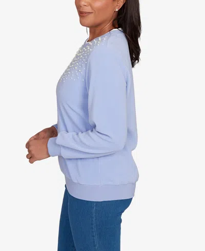 Alfred Dunner Women's Classic Embellished Crew Neck Anti-pill Top In Blue