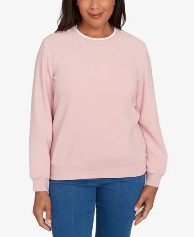 Alfred Dunner Women's Classic Embellished Crew Neck Anti-pill Top In Pink