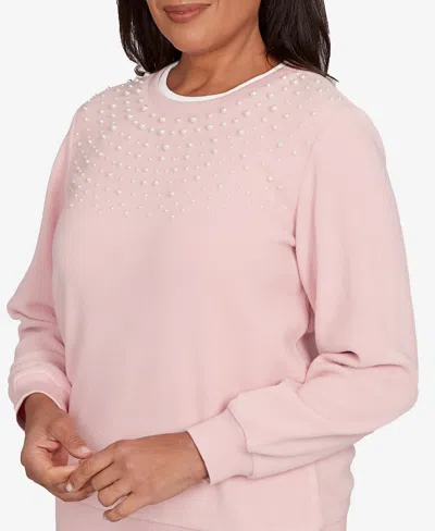 Alfred Dunner Women's Classic Embellished Crew Neck Anti-pill Top In Pink