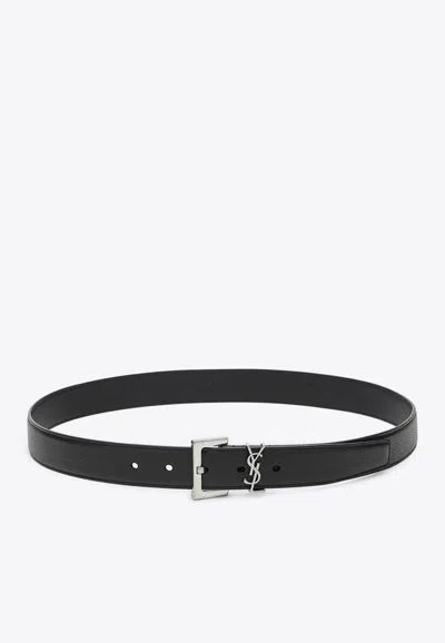 Saint Laurent Cassandre Buckle Grained Leather Belt In Black