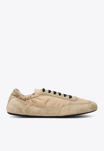 Prada Women Ivory Re-nylon And Suede Collapse Sneakers In Neutral
