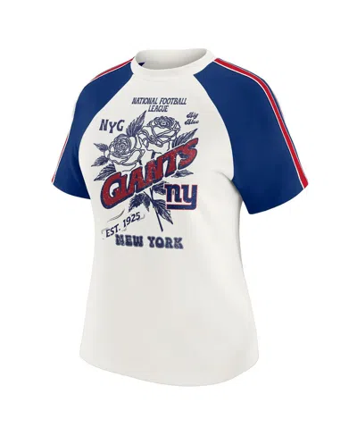 Wear By Erin Andrews Women's White New York Giants Sleeve Stripe Distressed Raglan T-shirt In Blue