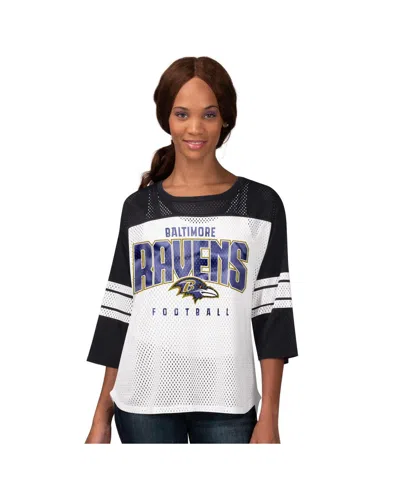 G-iii 4her By Carl Banks Women's Black Baltimore Ravens First Team 3/4-sleeve Mesh T-shirt In White