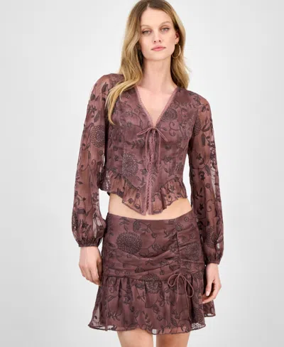 Guess Women's Seiah Embroidered Blouson-sleeve Top In Brown