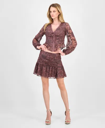 Guess Women's Seiah Embroidered Blouson-sleeve Top In Brown