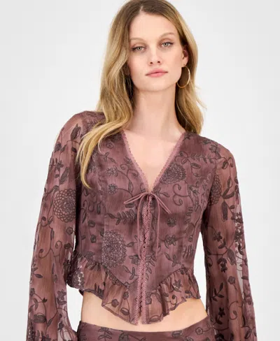 Guess Women's Seiah Embroidered Blouson-sleeve Top In Brown